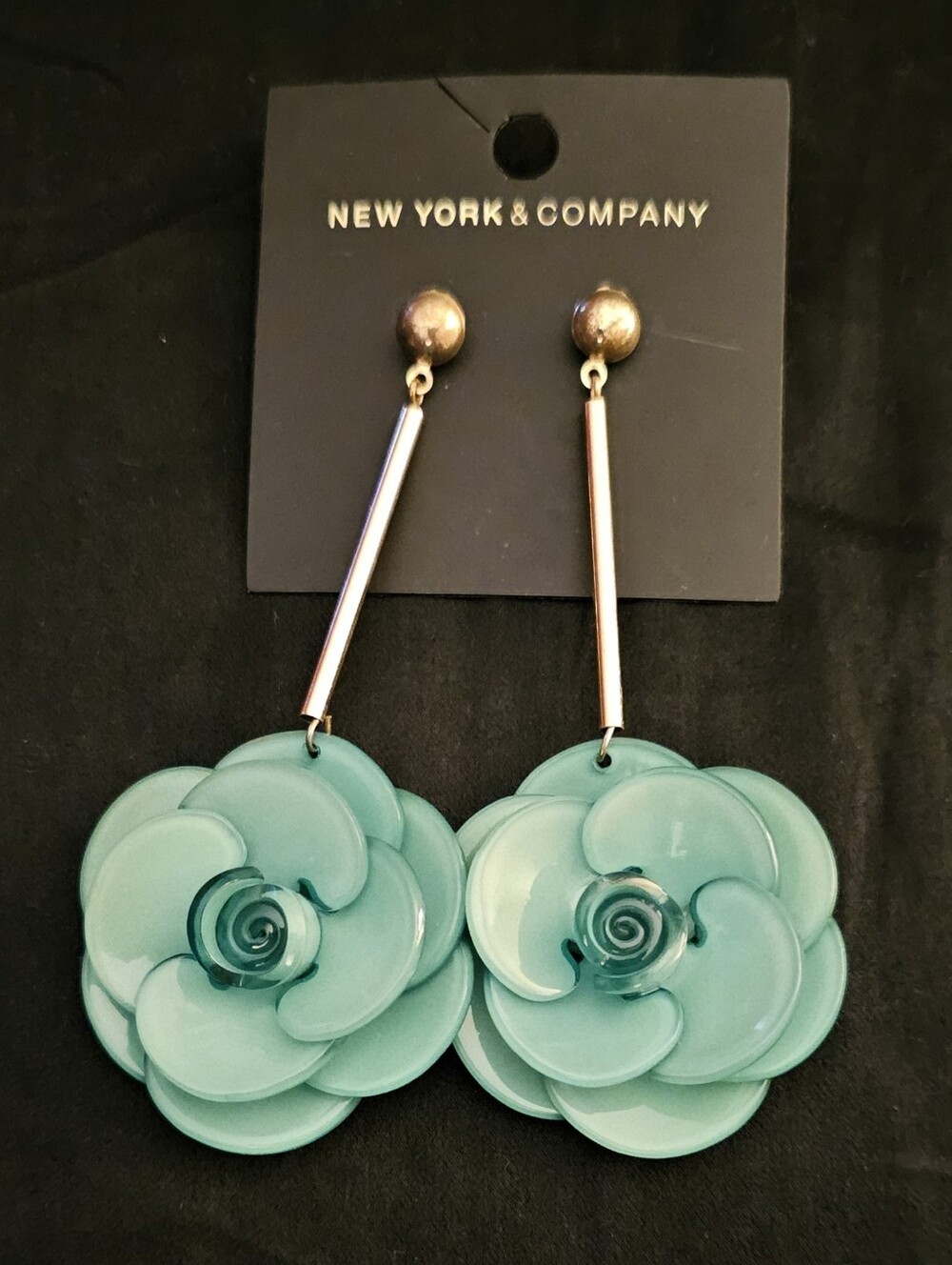 2/$8-New York & Company Teal Floral Drop Earrings with Gold-Tone Bars - Picture 2 of 2
